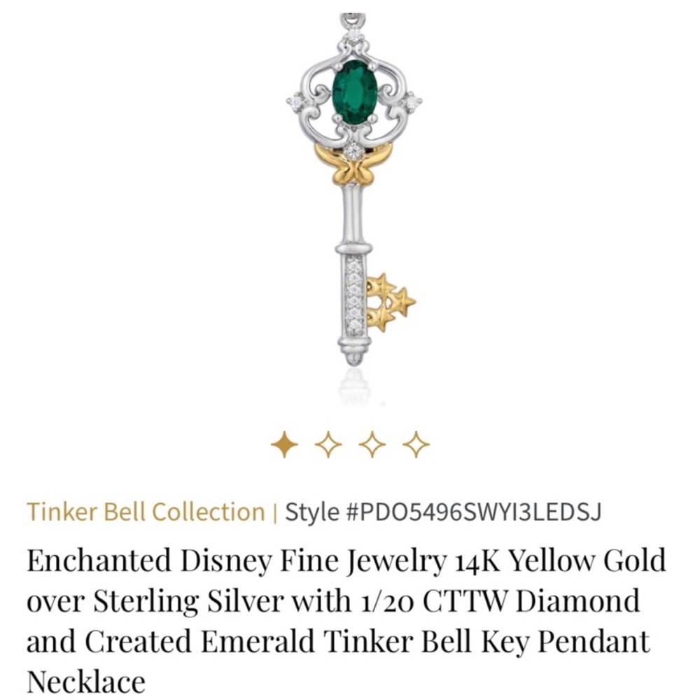 Disney Enchanted Tinkerbell Emerald and Diamond Key Necklace